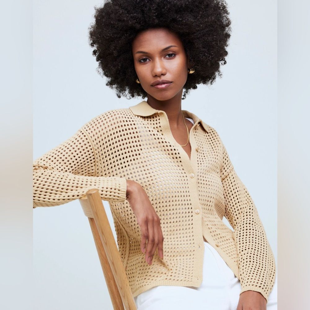 MADEWELL Polo Cardigan Sweater XXS Tan Neutral Open Knit Fisherman Preppy Boho
